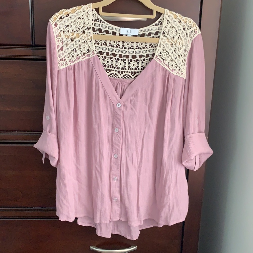 NSR boho crochet button down top & roll sleeves